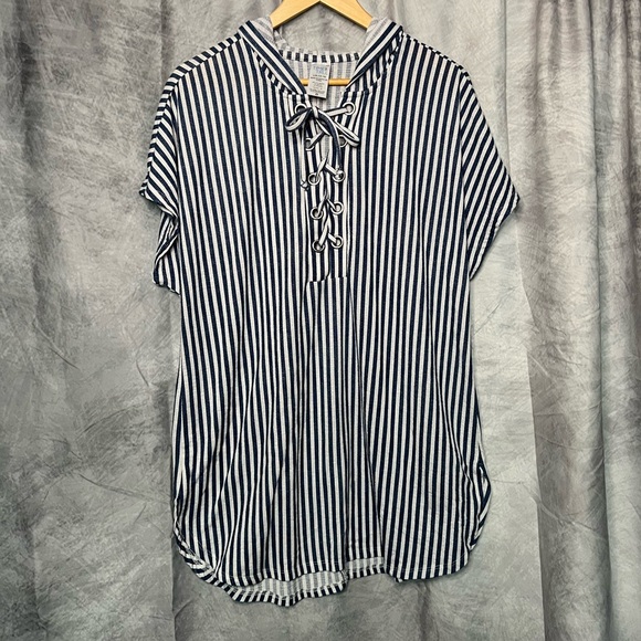 Time and Tru Other - Time And Tru Denim Blue and White Striped Lace Front Hooded Swim Coverup - sz L